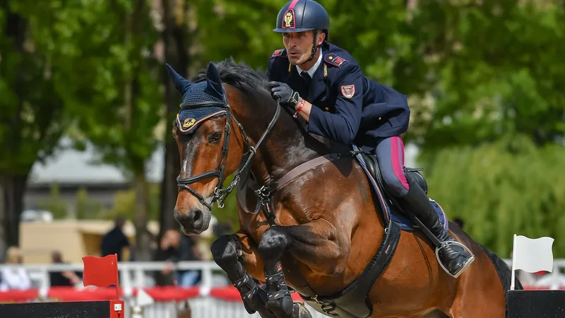 Jinete y caballo saltando un obstáculo en un concurso de saltos al aire libre
